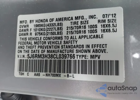 2012 Honda Cr-V Lx from USA, damaged, VIN 5J6RM3H38CL039766